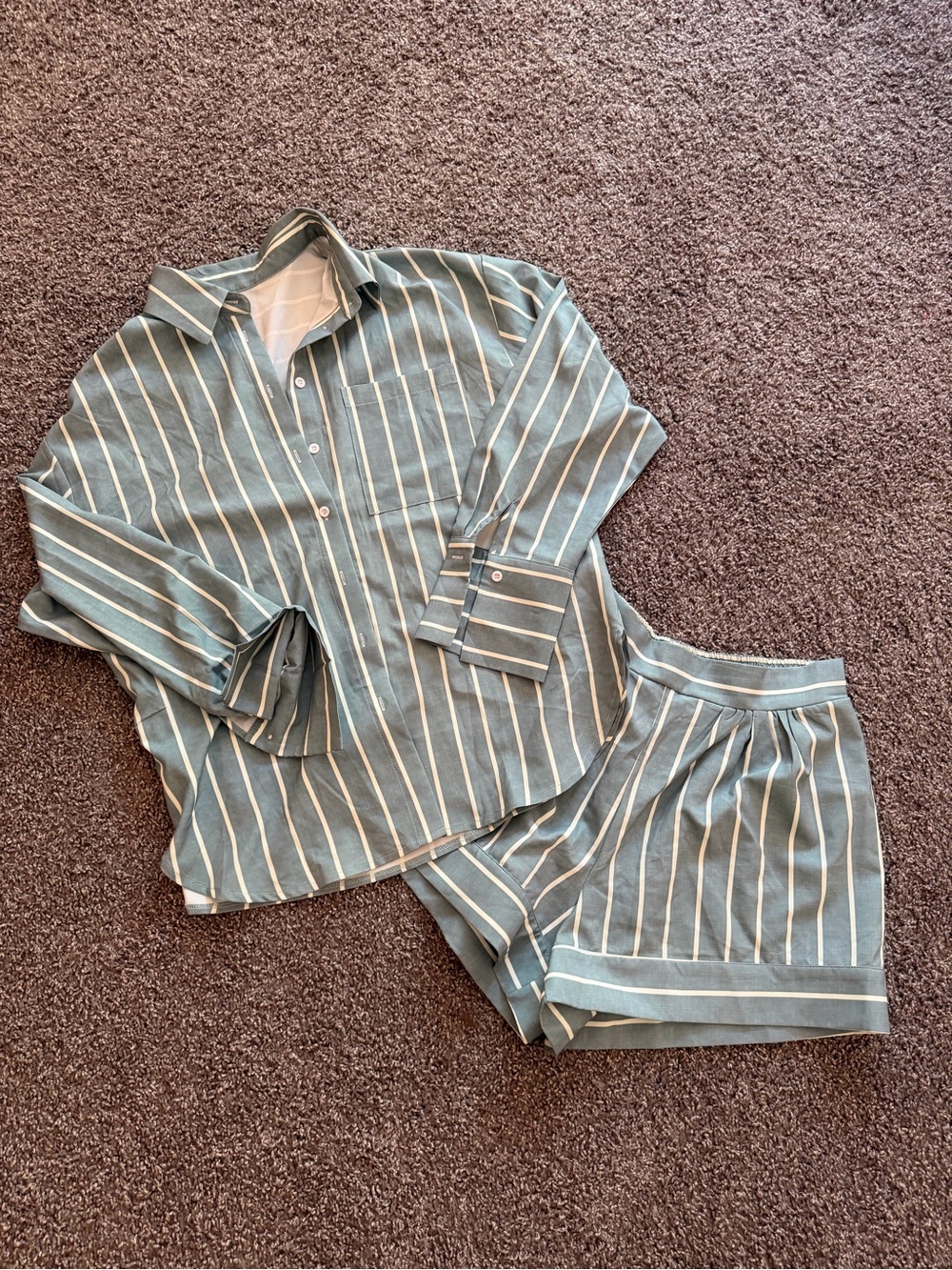 Sage green stripe shirt and shorts set